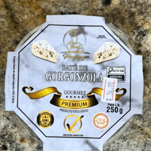 Pote de Patê Gourmet de Gorgonzola Professor Foods de 250g com embalagem marmorizada em tons de cinza e branco, destacando o selo "Gourmet Premium" e "Produto Exclusivo".