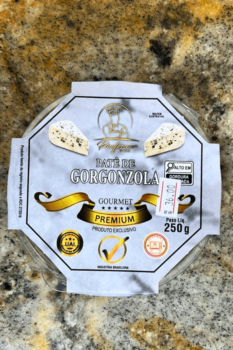 Pote de Patê Gourmet de Gorgonzola Professor Foods de 250g com embalagem marmorizada em tons de cinza e branco, destacando o selo "Gourmet Premium" e "Produto Exclusivo".