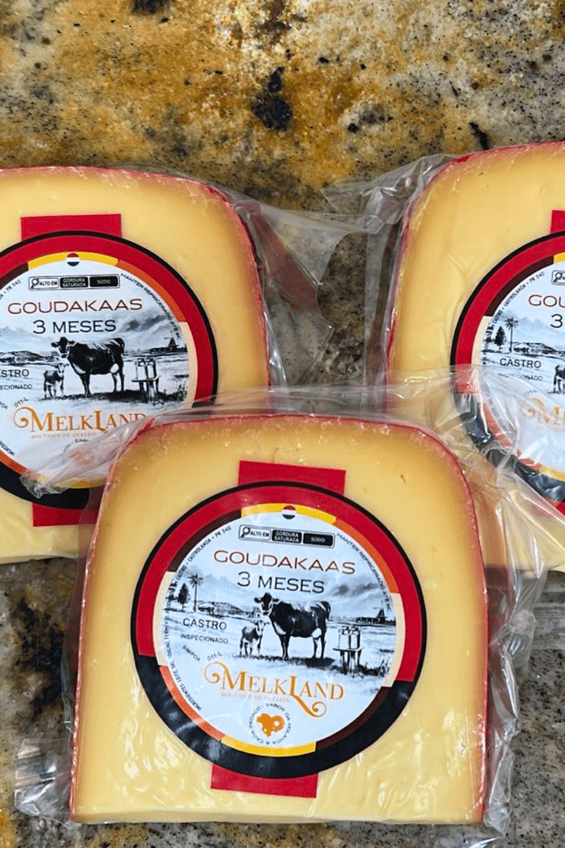 Peça de Queijo Goudakaas da Melkland, embalada a vácuo, com rótulo circular verde escuro e dourado destacando o moinho holandês, símbolo da tradição de Castro-PR.